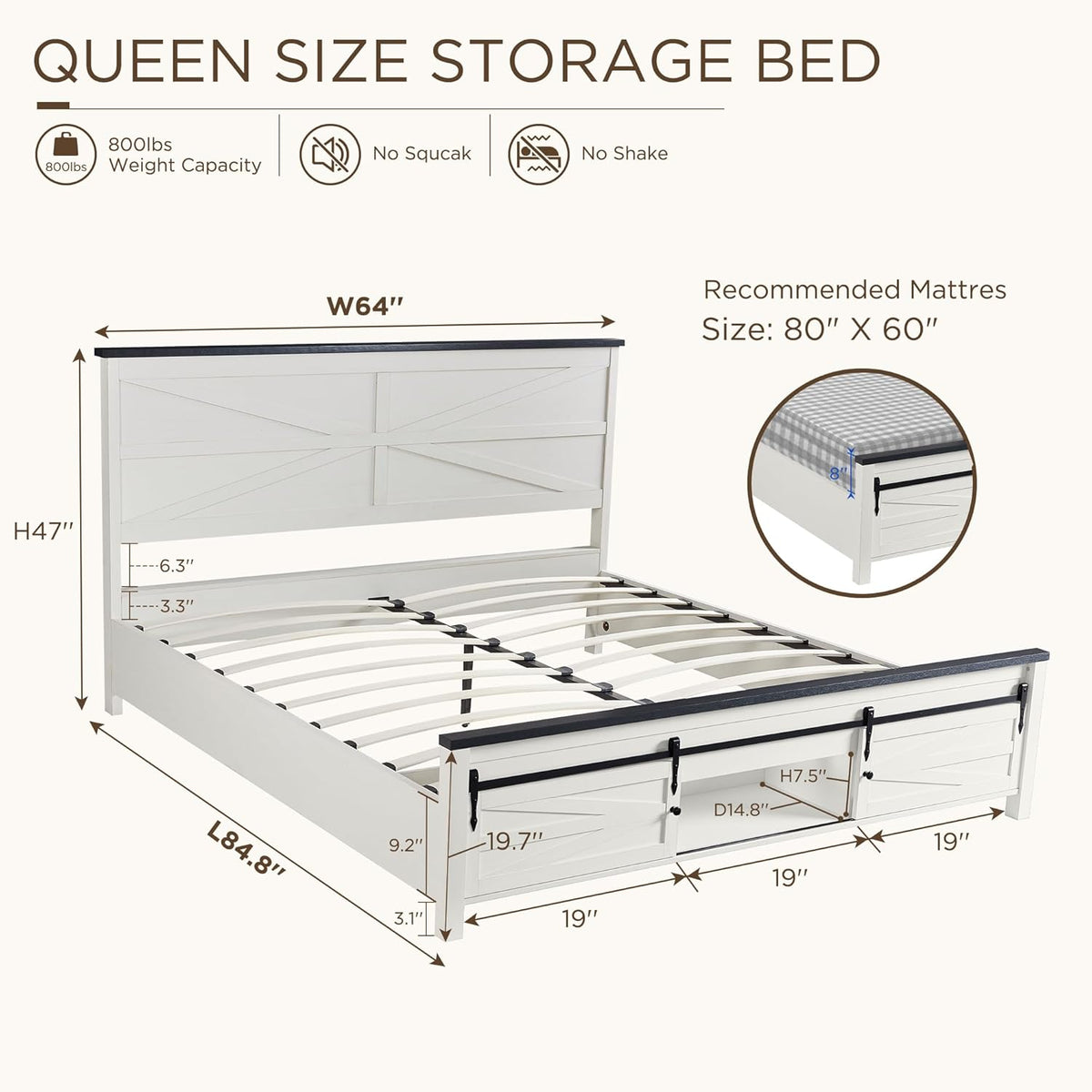 ACCOHOHO Farmhouse Queen Size Bed Frame with Barn Door Storage, Platform Bed Frame with Headboard, Rustic Bed, Solid Wood Slats Support/Noiseless/No Box Spring Needed (White)
