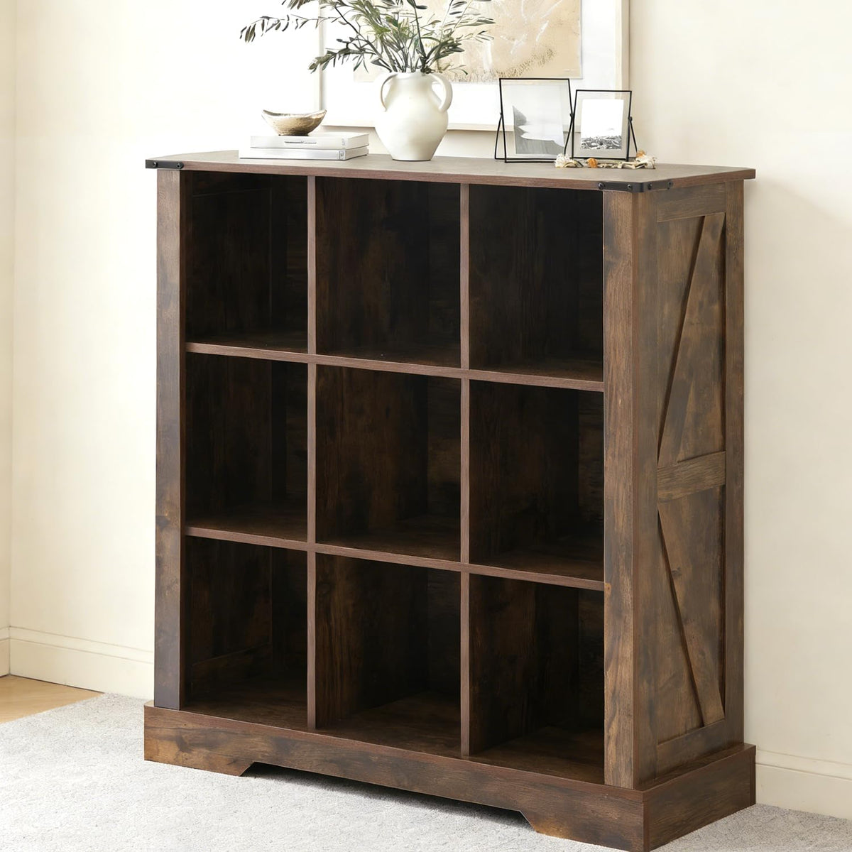 9 Cube Storage Organizer, 3 Tier Book Shelf with Led Lights, Farmhouse Book Shelves for Living Room, Horizontal Toy Storage Bookshelf, Wood Display Bookcase Cabinet for Bedroom, Office, Brown