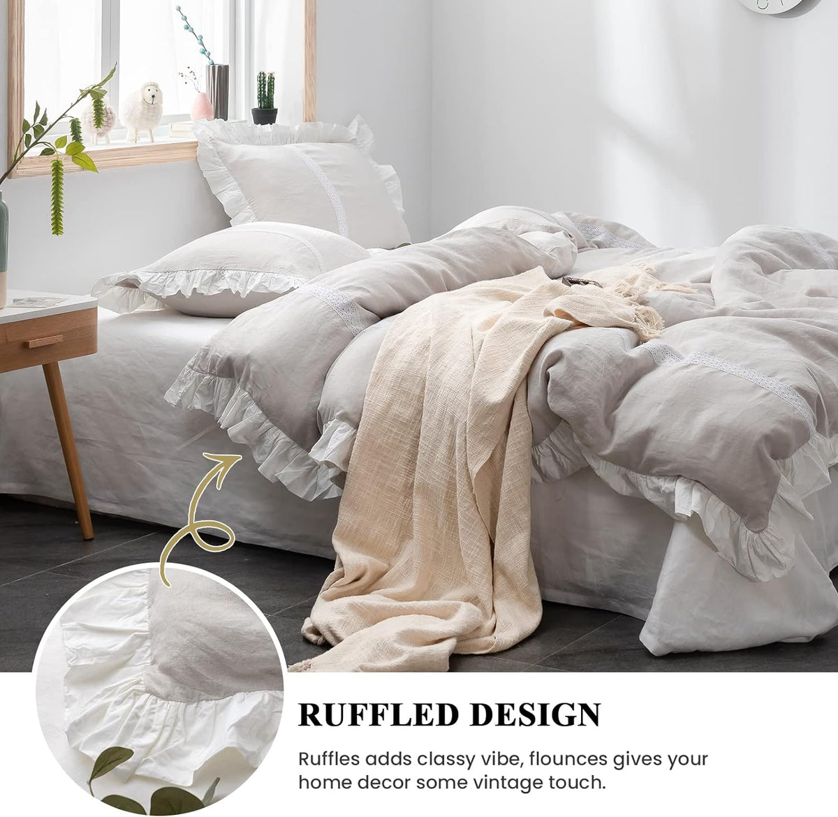Simple&Opulence 100% Linen Duvet Cover Set (68''x86'') Frill Floral Flax Twin Size, Shabby Chic Ruffle Edge Lace Insert Decoration, 2 Pcs Farmhouse Bedding-1 Comforter Cover 1 Pillow Sham, Floral Grey