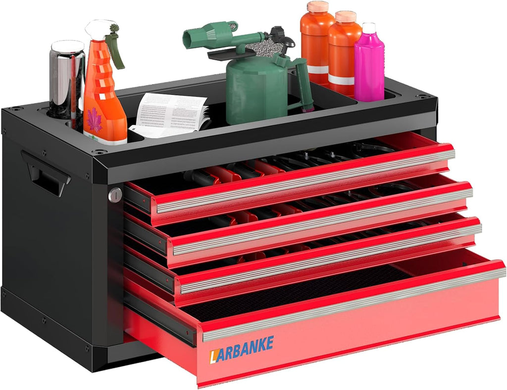 LARBANKE Portable 4-Drawer Tool Box with Lock&Keys,Tool Box with Multifunctional Countertop&Drawer Liner,with Special Connecting Rods to Combine with Same-Series 5& 7-Drawer Tool Chests for Larger One