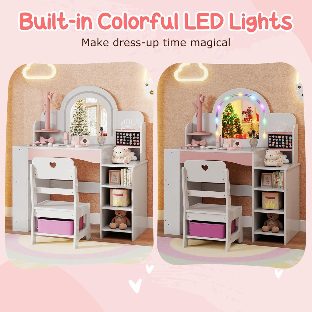 HONEY JOY Kids Vanity, Wooden Girls Vanity Set with Lighted Mirror & Open Bookshelf, Ring Slot & Jewelry Storage, Toddler Makeup Vanity Desk Dressing Table, Kids Vanity Table and Chair Set (White)