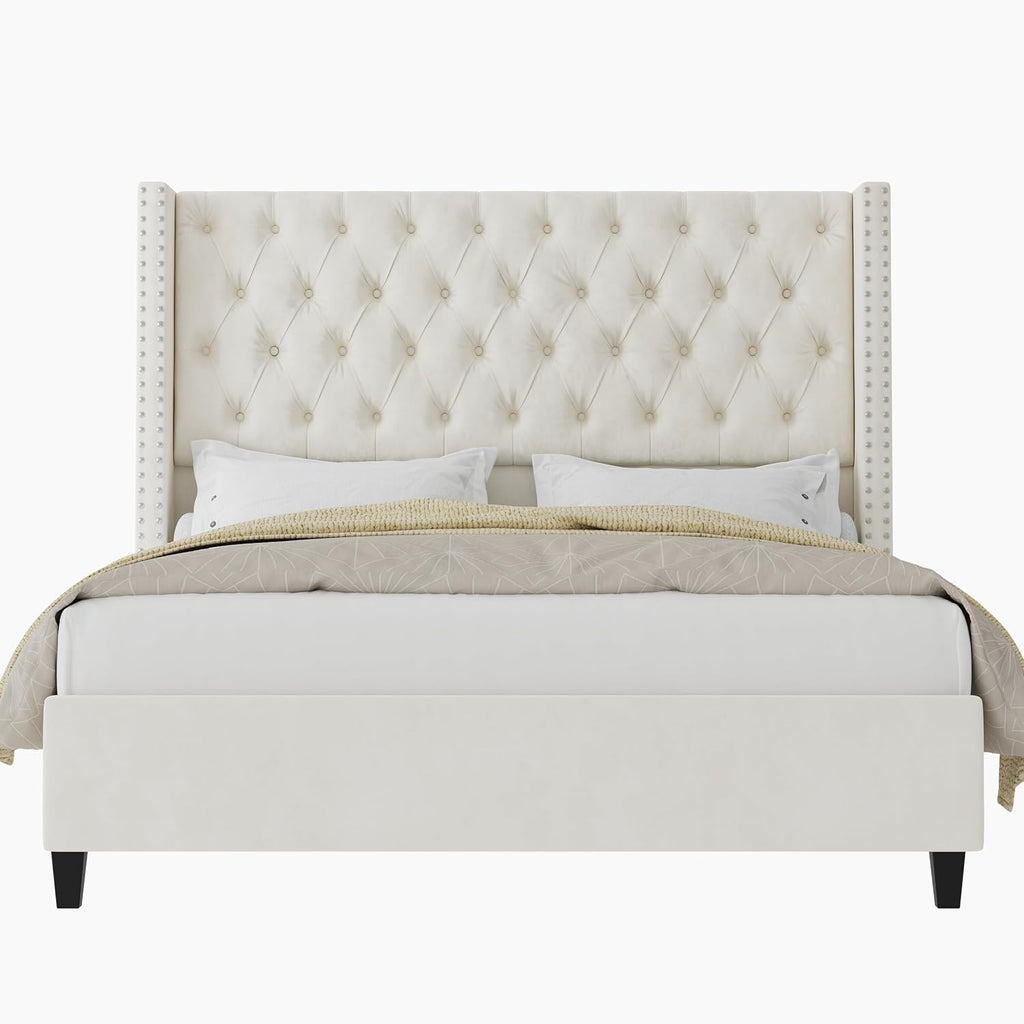 Jocisland Queen Size Bed Frame with 51.6' Wingback Tufted Velvet Headboard, Modern Upholstered Platform Bed, No Box Spring Needed, Easy Assembly, Cream