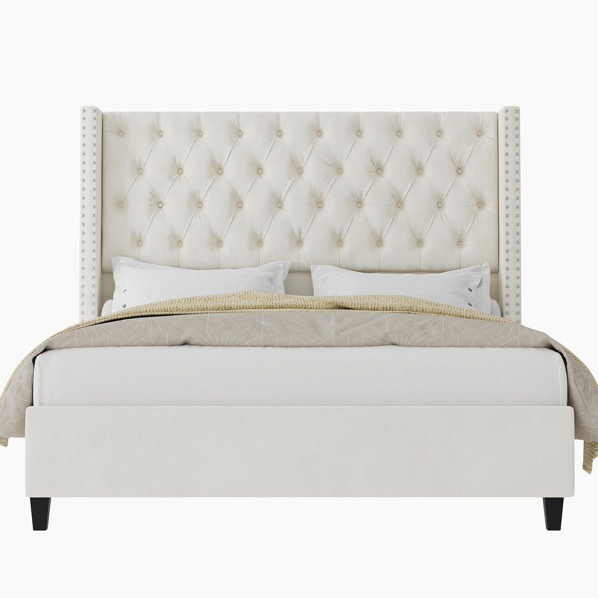 Jocisland Queen Size Bed Frame with 51.6' Wingback Tufted Velvet Headboard, Modern Upholstered Platform Bed, No Box Spring Needed, Easy Assembly, Cream
