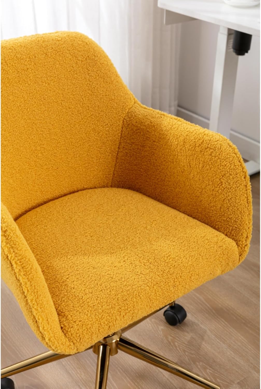 Hassyee Modern Teddy Fabric Material Adjustable Height 360 Revolving Home Office Chair with Gold Metal Legs and Universal Wheel for Indoor (Yellow Teddy)