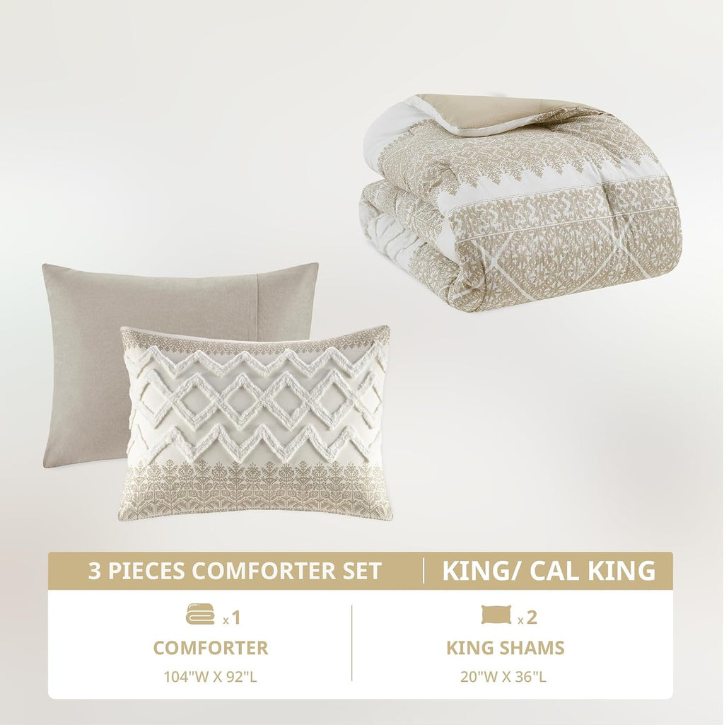 Ink+Ivy King Comforter Set, Chic Chevron Chenille Tufting Accent, Boho Comforters, All Season, Lightweight Cotton Comforter Bedding, 2 Shams, Mila, Cal Taupe 3 Piece