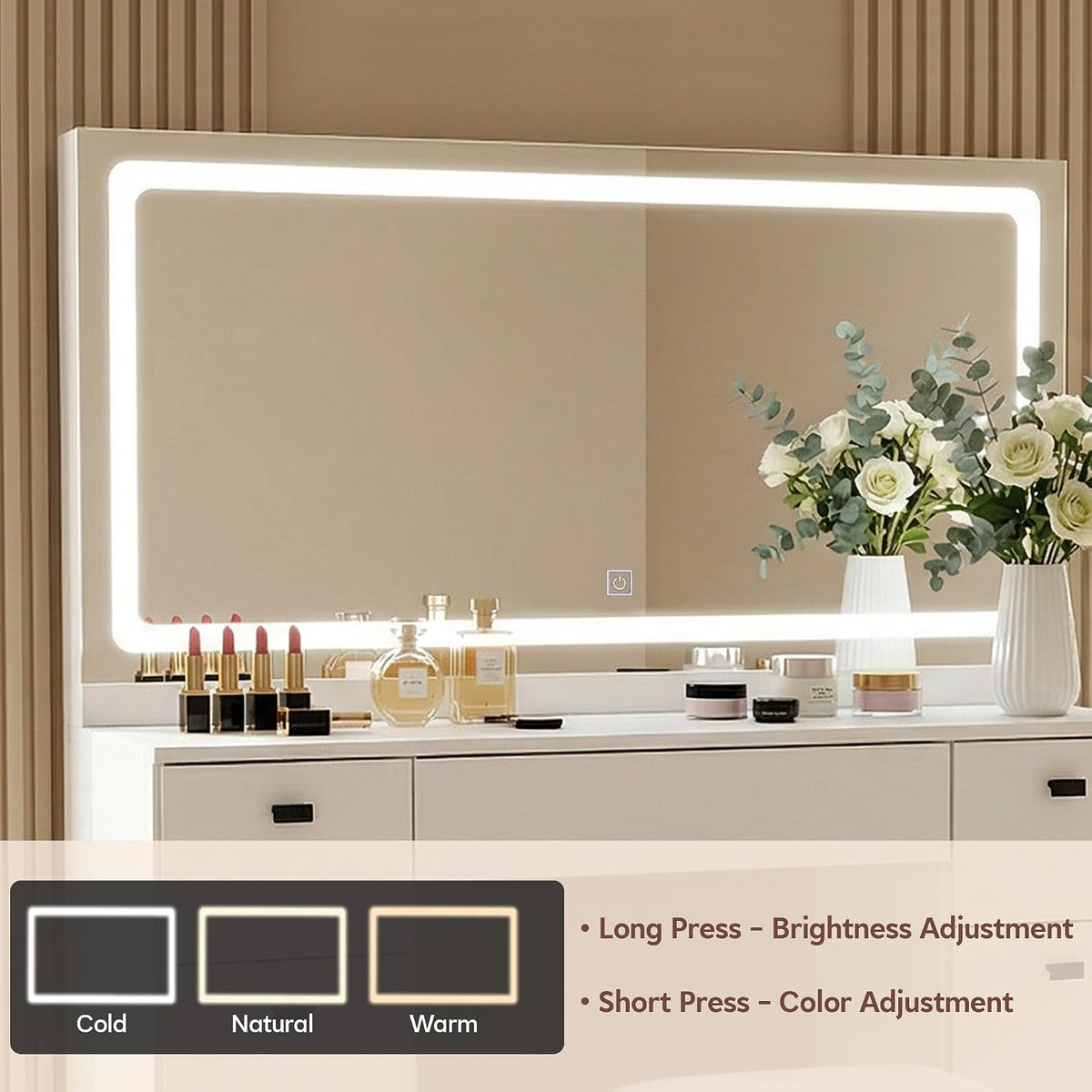 TUKAILAi 46.1' Large Vanity Desk with Mirror and LED Lights,7 Drawers & Power Outlet, White Modern Makeup Vanity Desk with PU Cushion Stool, Touch Control 3 Color Modes Dressing Table Set for Bedroom