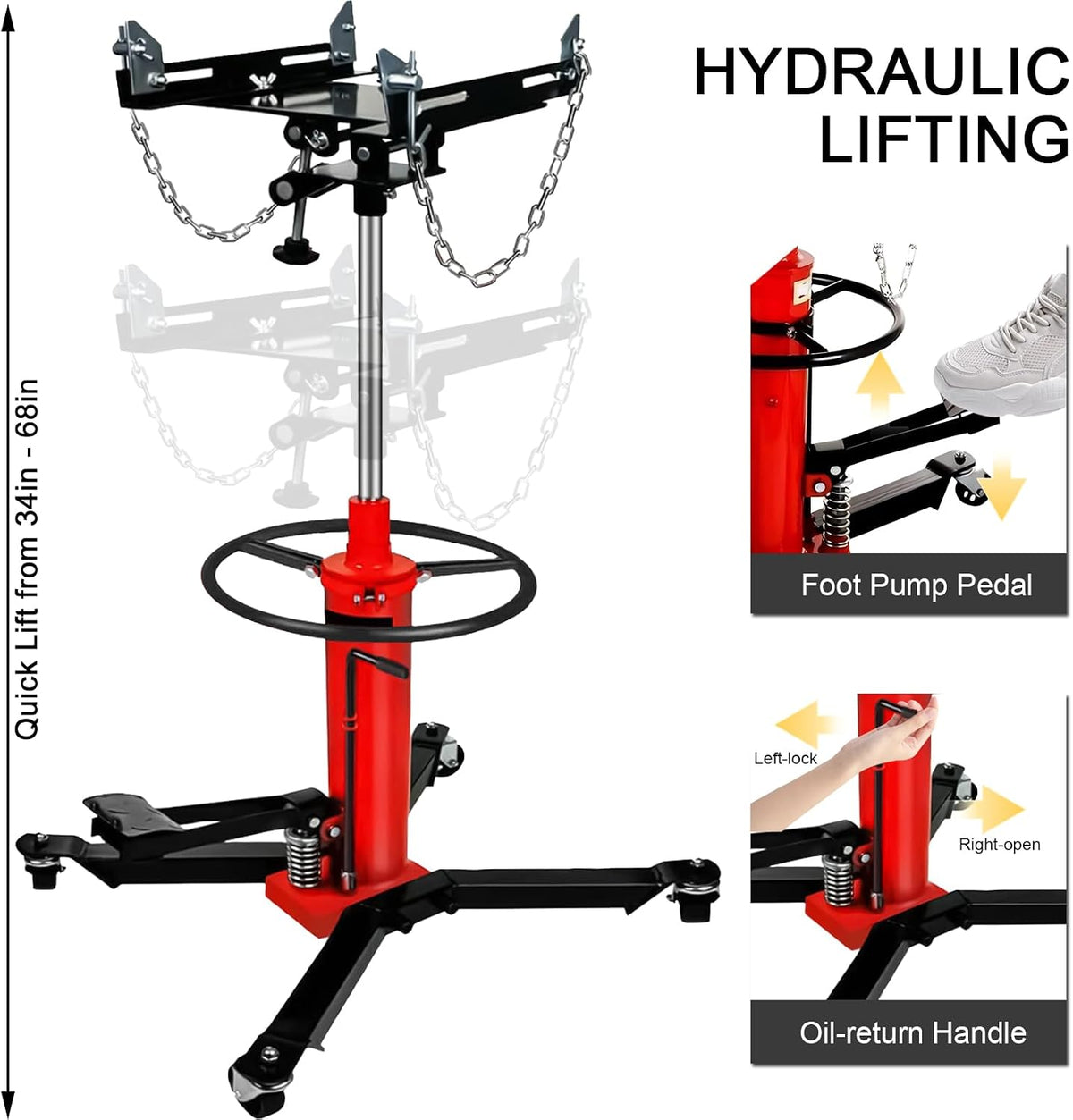 Transmission Jack 1660 lbs/ 0.75 Ton Capacity Hydraulic Telescopic Transmission Jack 34' - 68' Adjustable Height Telescoping Transmission Hydraulic with 360° Swivel Wheels Lift Hoist