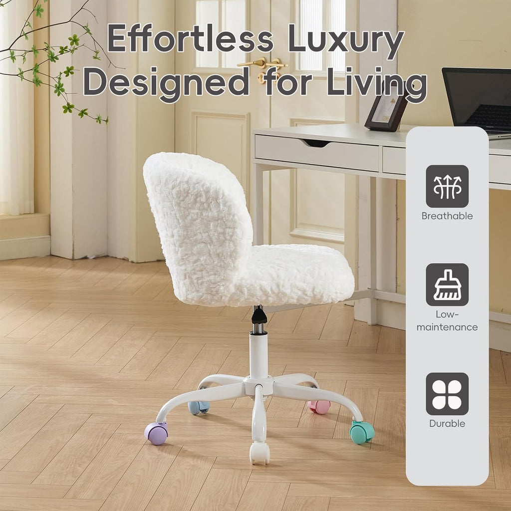 Faux Fur Vanity Desk Chair with White Metal Base – Adjustable Swivel Rolling Office Chair with Wheels, Comfy Makeup Chair for Bedroom, Study, Girls' Room, Home Office & Task Use, Ivory
