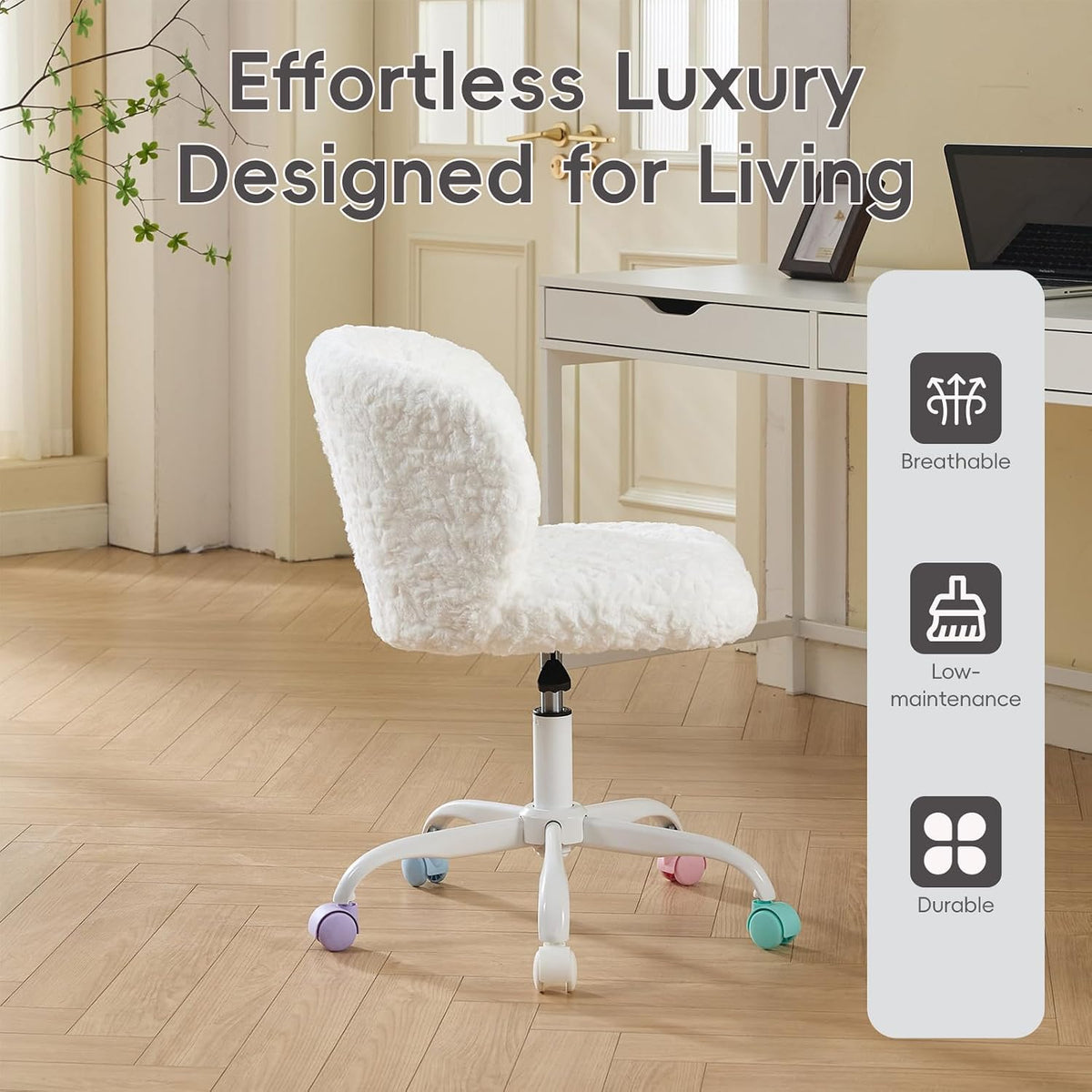 Faux Fur Vanity Desk Chair with White Metal Base – Adjustable Swivel Rolling Office Chair with Wheels, Comfy Makeup Chair for Bedroom, Study, Girls' Room, Home Office & Task Use, Ivory