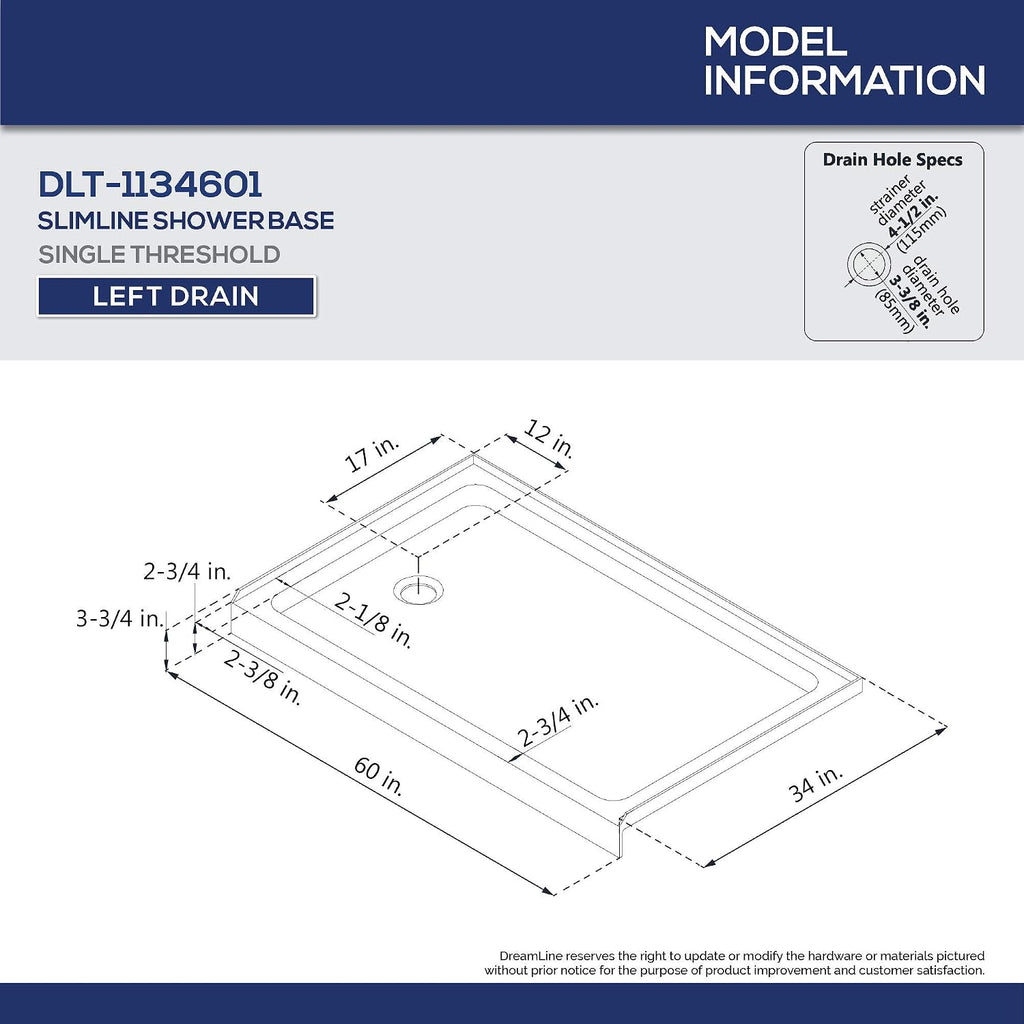 DreamLine 34 in. D x 60 in. W x 75 5/8 in. H Left Drain Acrylic Shower Base and QWALL-3 Backwall Kit In White, DL-6147L-01