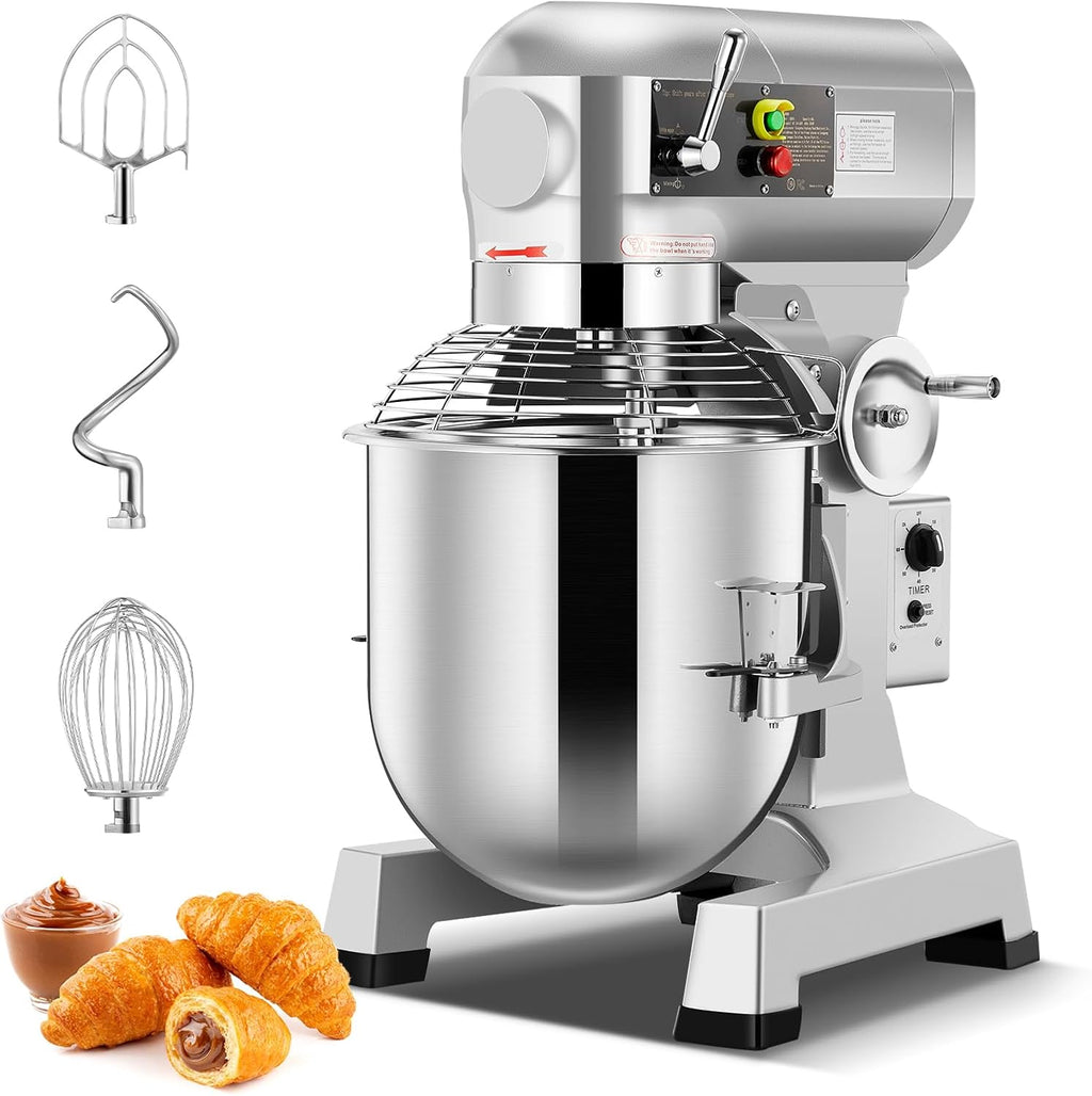 Commercial Mixer, Commercial Food Mixer, Dough Mixer with Stainless Steel Bowl, 3 Speeds Adjustable and Safety Guard, Dough Hook Whisk Beater Included, Ideal for Bakery Pizzeria, NO for Home(30QT)