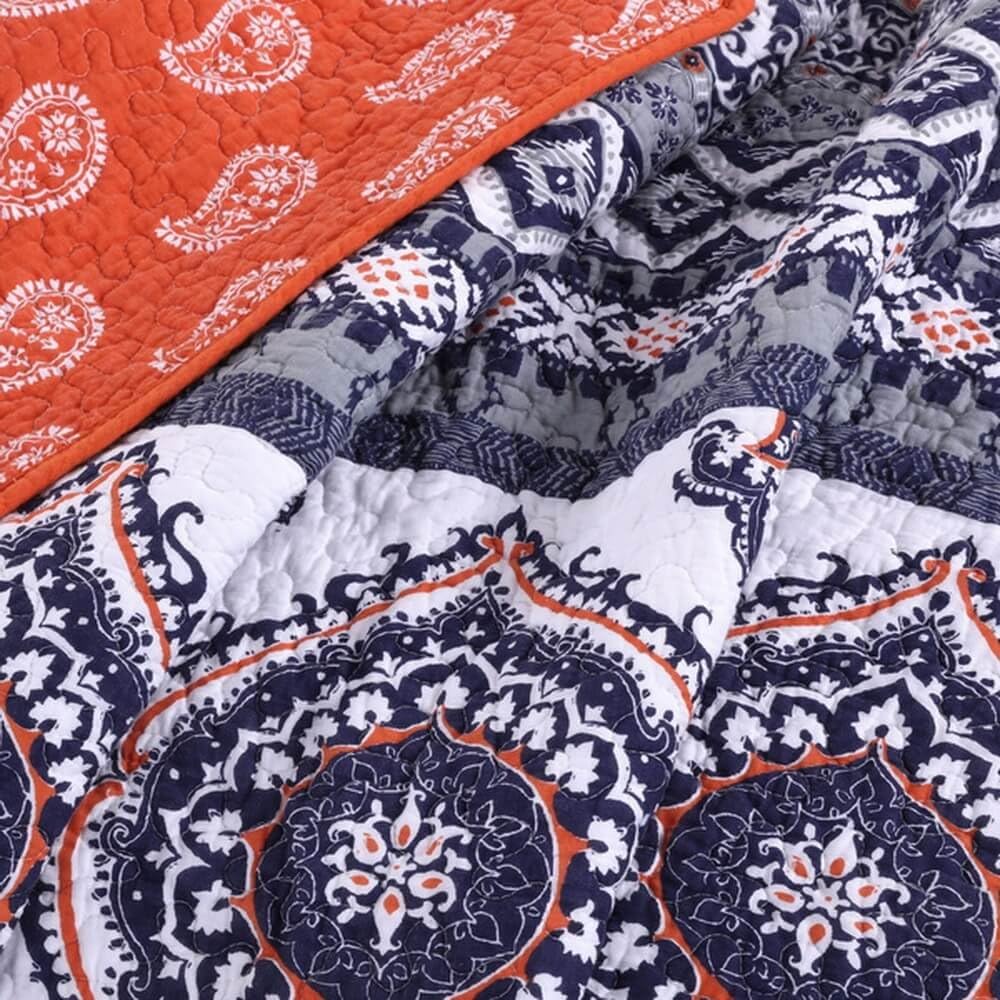 Boho Chic Moroccan Paisley Pattern Grey Orange Cotton 3 Piece Full/Queen Size Quilt Bedding Set