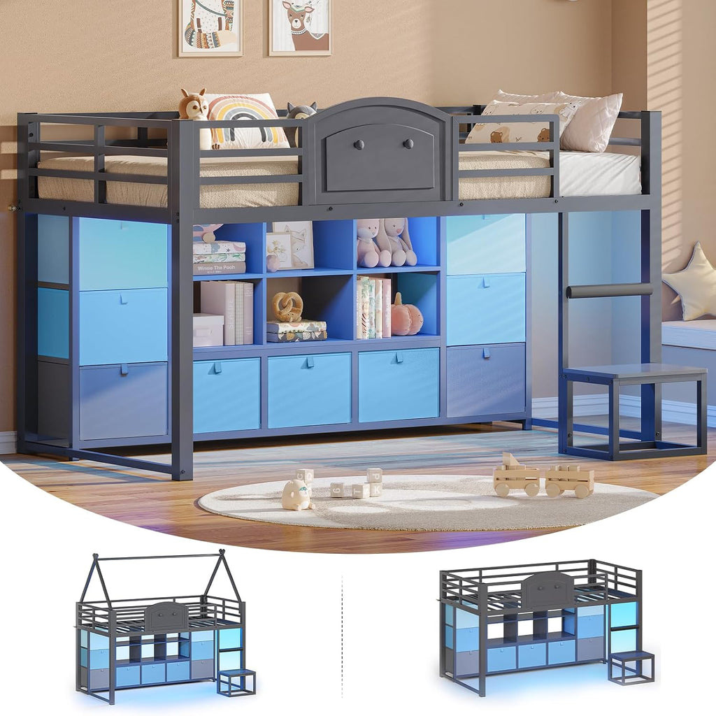 VIAGDO Twin Size Low Loft Bed with 9 Storage Drawers, Bookcase and LED Lights, House-Shaped Metal Twin Loft Bed with Step Stool and Safety Guardrail, Kids Loft Bed with Under-Bed Play Space, Grey