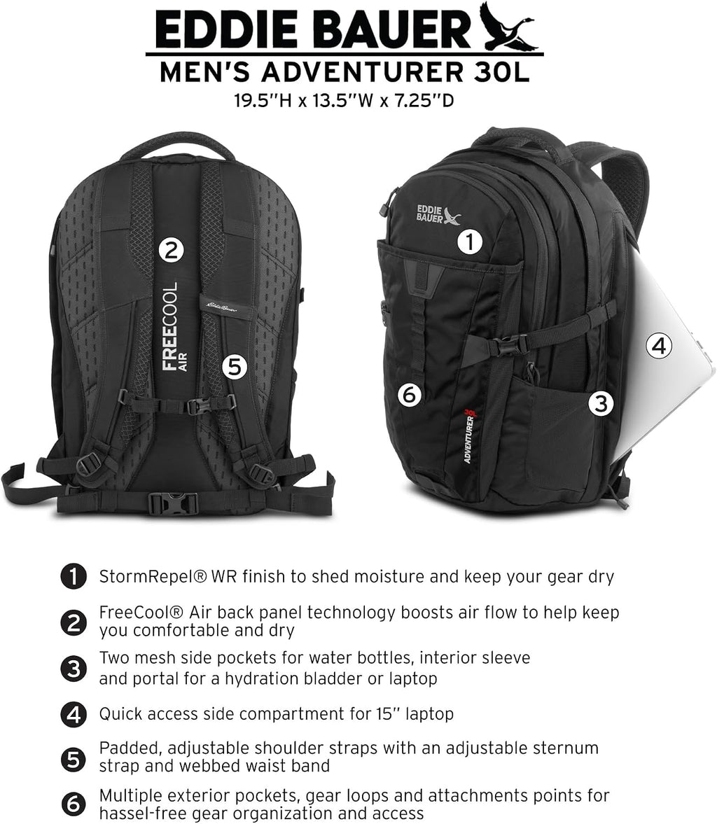 Eddie Bauer Adventurer Backpack with Organization Compartments and Hydration/Laptop Compatible Sleeve, Adventurer - Black, 30L