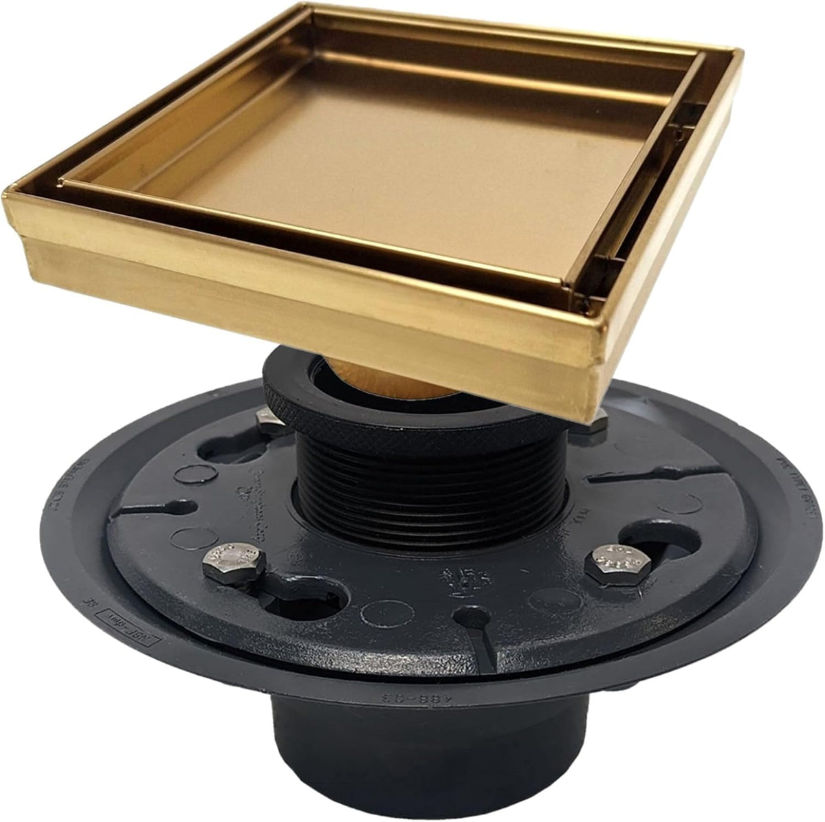 SereneDrains 304 Stainless Steel Tile in Square Brushed Gold Shower Drain Kit with A Base Hair Catcher Strainer Grate Brass Cover Bathroom Floor Insert (Matte Gold, PVC Plastic)