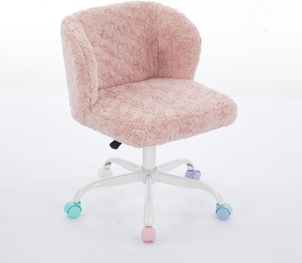 Faux Fur Vanity Desk Chair with White Metal Base – Adjustable Swivel Rolling Office Chair with Wheels, Comfy Makeup Chair for Bedroom, Study, Girls' Room, Home Office & Task Use, Baby Pink