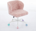 Faux Fur Vanity Desk Chair with White Metal Base – Adjustable Swivel Rolling Office Chair with Wheels, Comfy Makeup Chair for Bedroom, Study, Girls' Room, Home Office & Task Use, Baby Pink