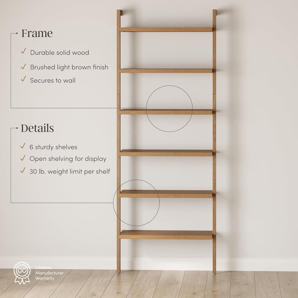 Nathan James Beacon Scandinavian 6-Shelf Wooden Wall Mounted Bookcase, Rustic Solid Wood Bookshelf, Light Brown