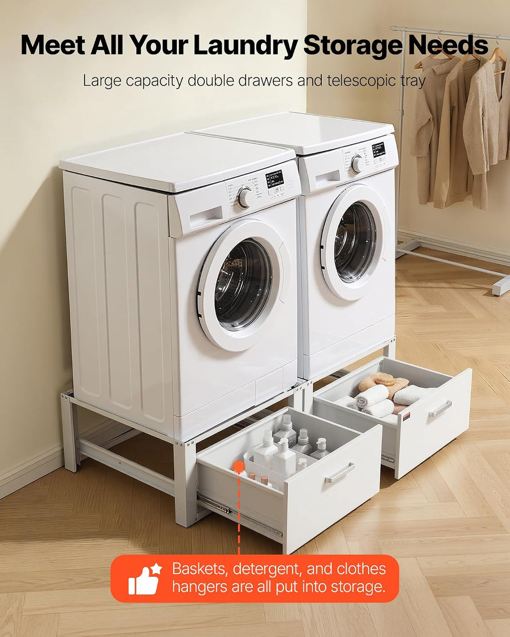 VEVOR Laundry Pedestal, 14 in Height, Washer and Dryer Pedestals with Drawer, 700 lbs Weight Load Capacity, Non-Slip Feet, Heavy-duty Steel Washing Machine Stand Universal Fit, White, 2 Pack