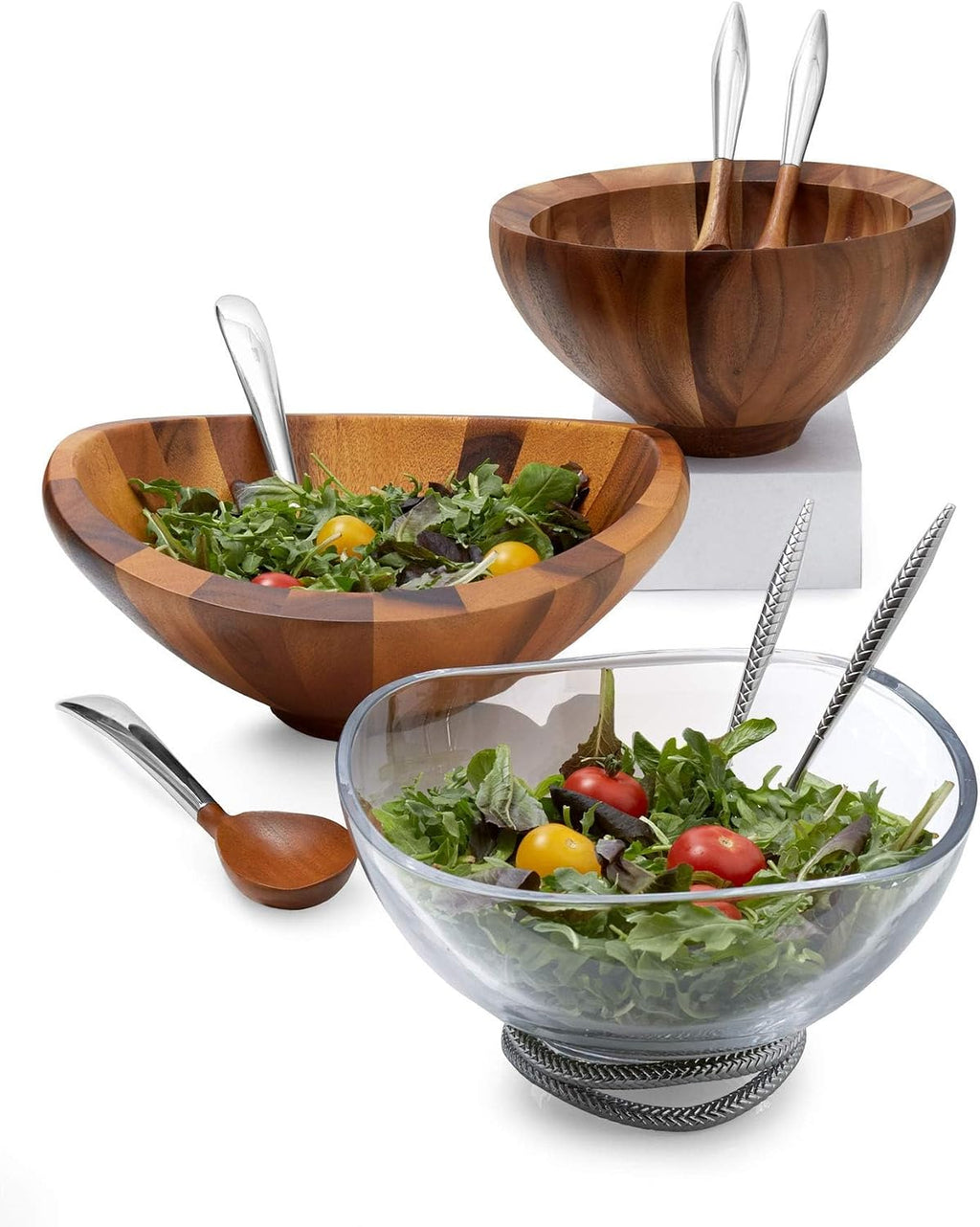 nambe Braid Glass Salad Bowl with Servers | Large 12-Inch Mixing and Serving Dish | Thick Glass Bowl for Salads, Fruit, and More | Stainless Steel Serving Spoons | Dishwasher Safe