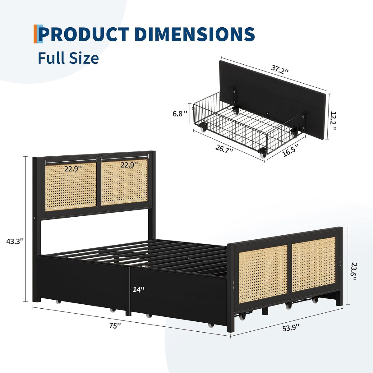 IDEALHOUSE Rattan Bed Frame with Storage Drawers, Boho Full Size Led Bed Frame with Strong Metal Slats Support, No Box Spring Needed, Noise-Free Design, Black