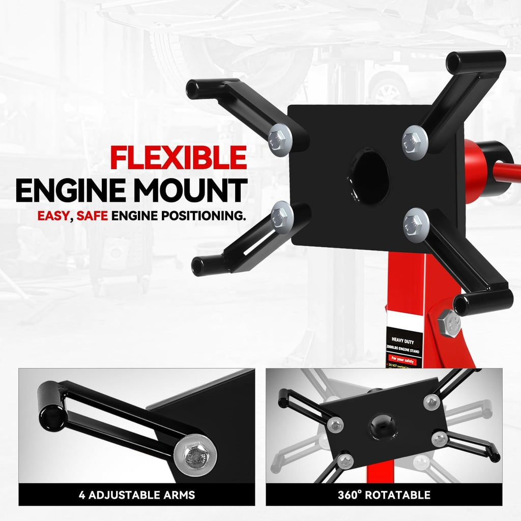 Auto Dynasty Foldable Engine Stand 2000Lb Capacity 360 Degree Adjustable Head Mobility with 4 Adjustable 6 Caster Wheels Arms for Garage, Auto Repair, Red