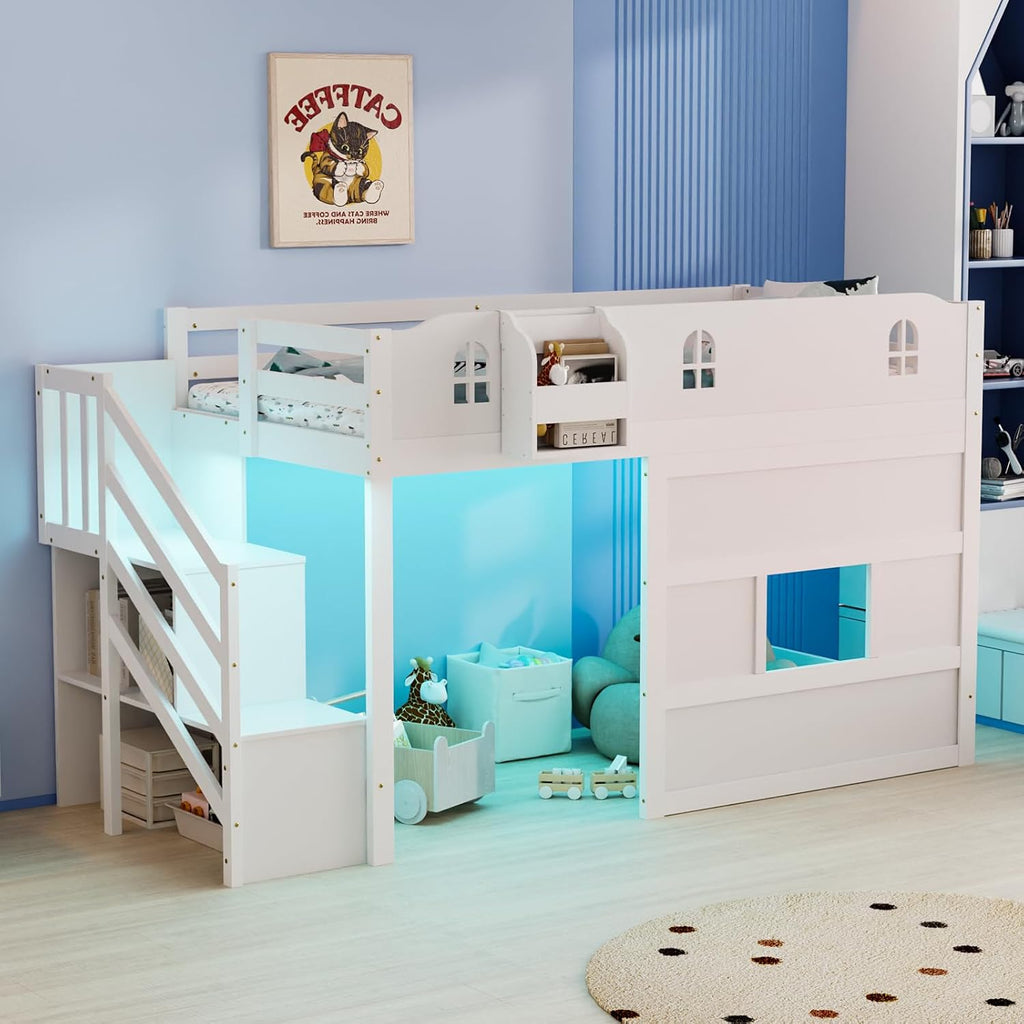 JOYMOR Low Loft Bed with LED Lights, Twin Loft Bed with Stairs, Safety Guardrail, Curtain, Wooden Bed Frame for Kids with Storage Staircase and Under-Bed Play Space,Pure White