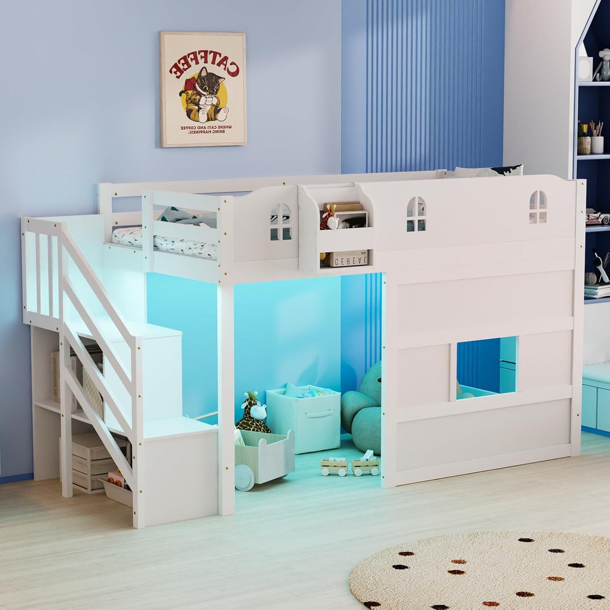 JOYMOR Low Loft Bed with LED Lights, Twin Loft Bed with Stairs, Safety Guardrail, Curtain, Wooden Bed Frame for Kids with Storage Staircase and Under-Bed Play Space,Pure White