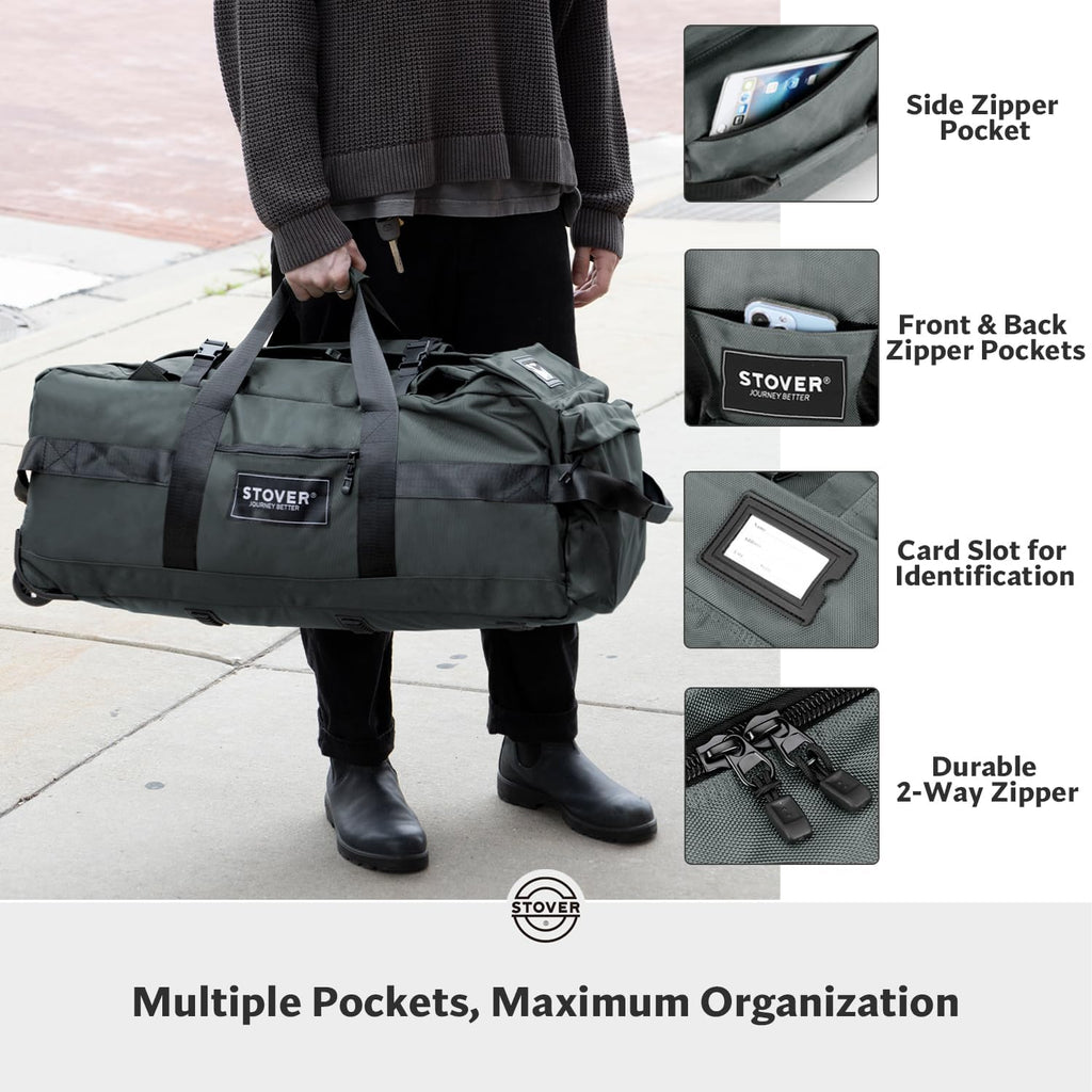 STOVER 45/80/100L Rolling Duffel Bag with Wheels, Large Durable Travel Duffle + Toiletry Bag, Heavy Duty, Packable, Foldable with Shoulder Straps- Use as Luggage or Backpack, Men/Women (Grey)