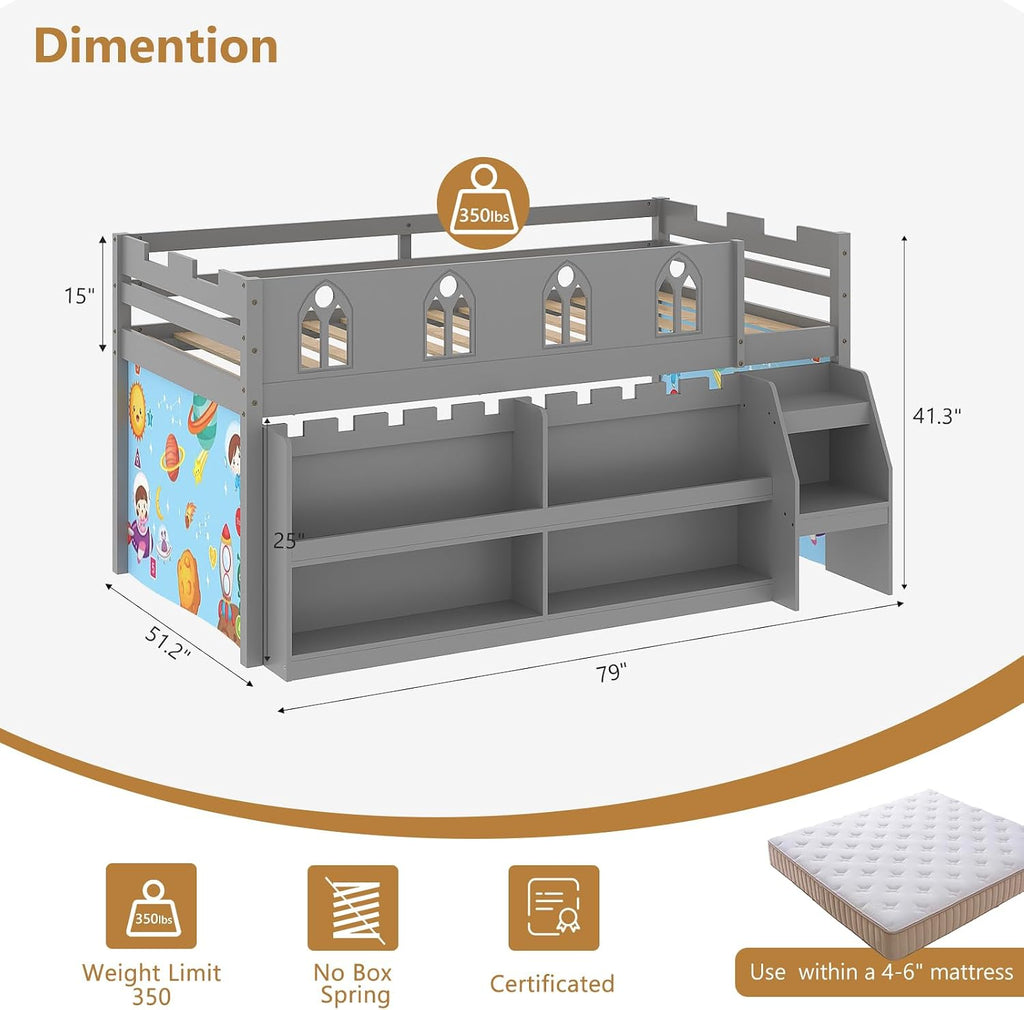 JOYMOR Low Loft Bed with LED Lights, Twin Loft Bed with Stairs, Safety Guardrail, Curtain, Wooden Bed Frame for Kids with Storage Bookcase and Under-Bed Play Space (Gray)