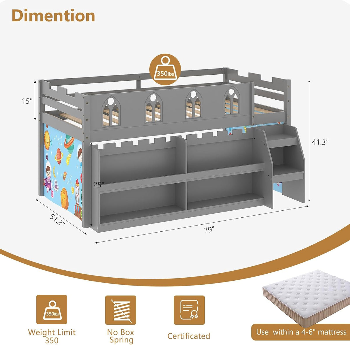 JOYMOR Low Loft Bed with LED Lights, Twin Loft Bed with Stairs, Safety Guardrail, Curtain, Wooden Bed Frame for Kids with Storage Bookcase and Under-Bed Play Space (Gray)
