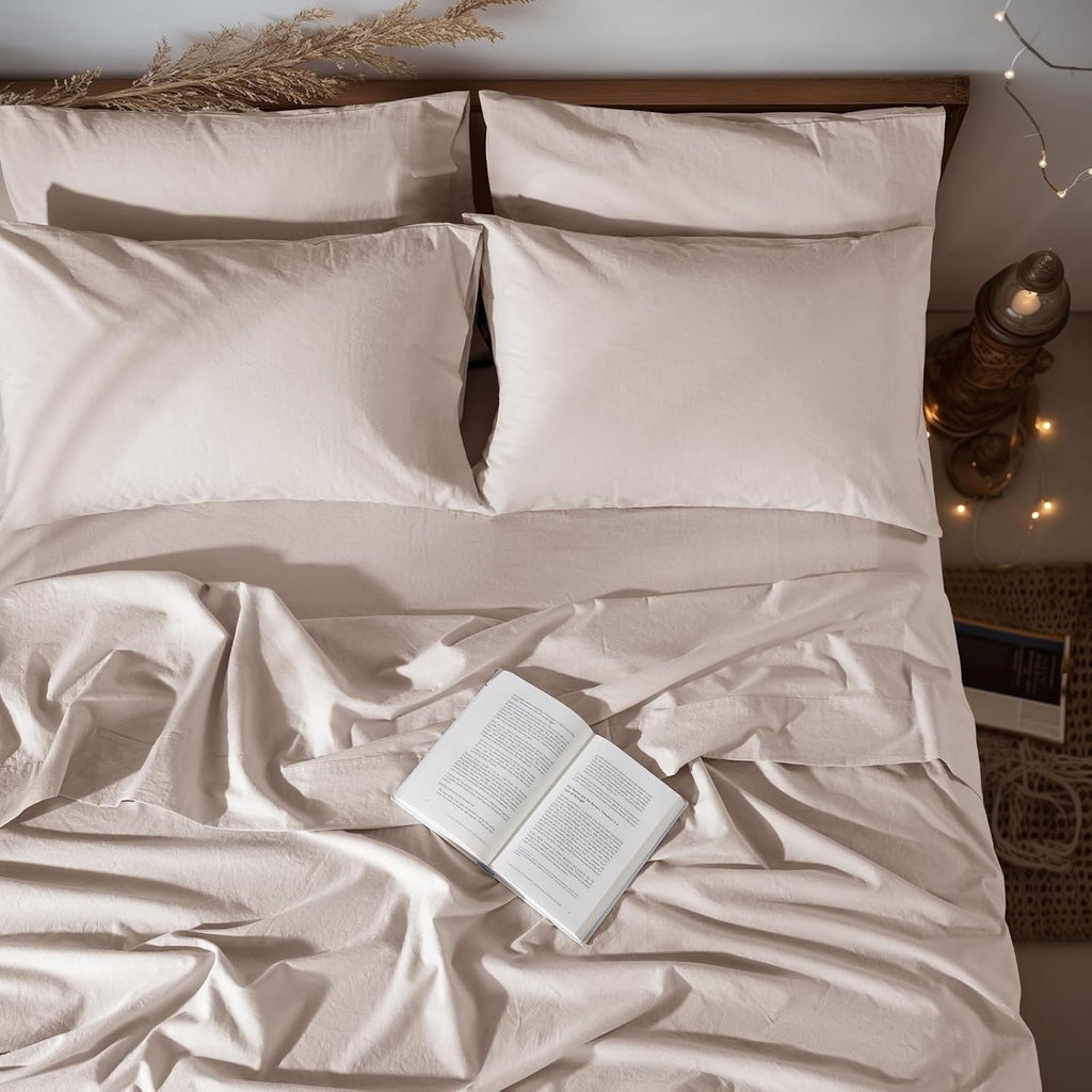 LBRO2M 100% Pure Linen Sheet Set Deep Pocket Up to 16' Bed Sheets Sets, Natural Flax Beddings Soft, Breathable, Comfortable for All Seasons 6 Pcs Sheet Set Queen Size, Linen