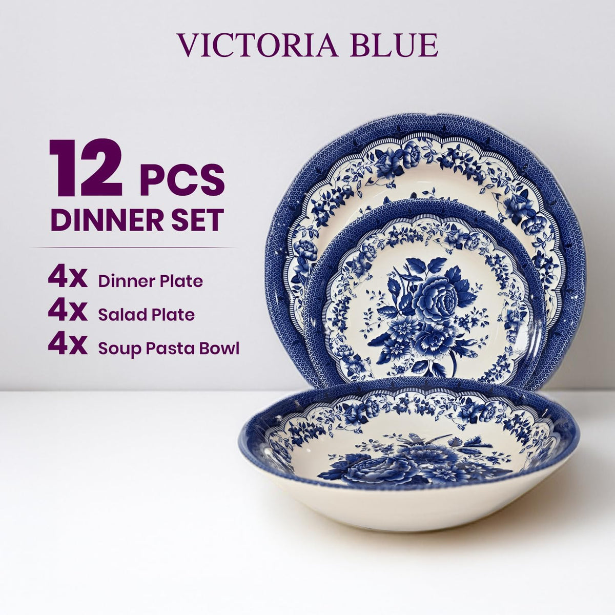 Tudor Royal 12-Piece Porcelain Round Dinnerware Set, Service for 4, Victoria Blue Design, Blue Floral, Plates Bowls Dishes, Glossy, Premium Quality Tableware, Unique Pattern