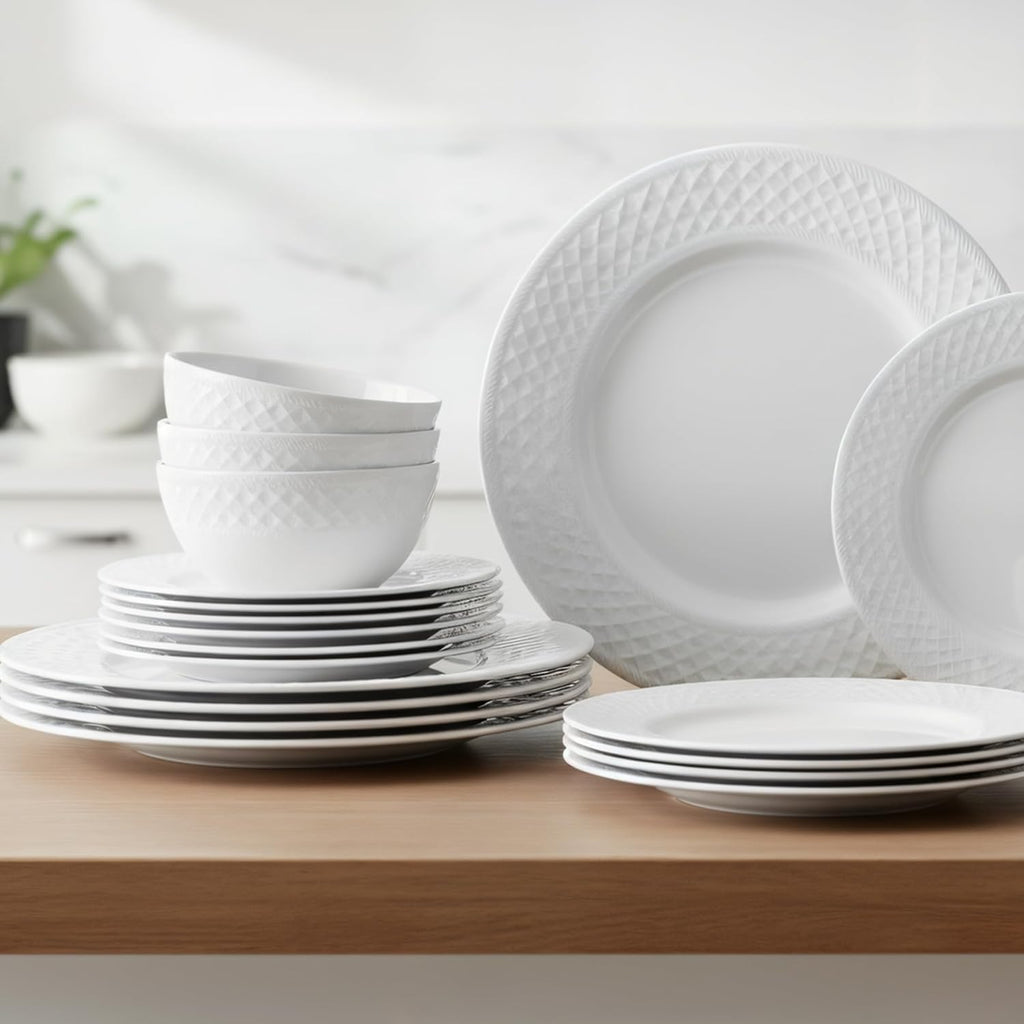 18-Piece Bone China Dinnerware Set for 6, White Porcelain Plates and Bowls with Textured Design, Lightweight Microwave Dishwasher Safe for Family Dining