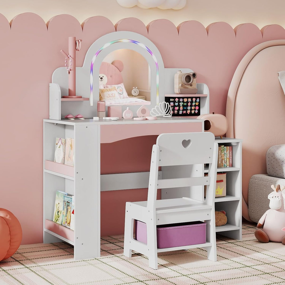 HONEY JOY Kids Vanity, Wooden Girls Vanity Set with Lighted Mirror & Open Bookshelf, Ring Slot & Jewelry Storage, Toddler Makeup Vanity Desk Dressing Table, Kids Vanity Table and Chair Set (White)