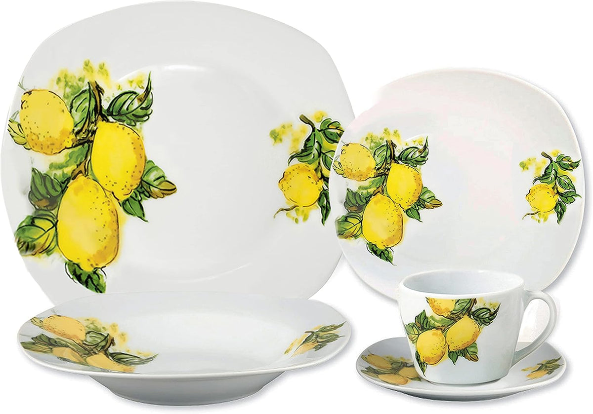 Stylish and Elegant 20 Pieces Porcelain Square Dinnerware Set Service for 4 People for Hosting Parties and Events (Lemon Design)