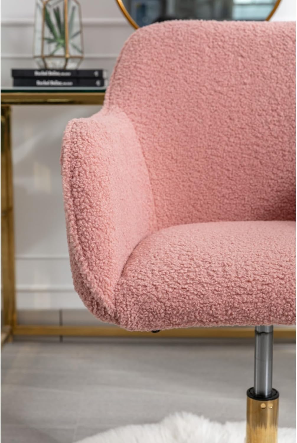 Hassyee Modern Teddy Fabric Material Adjustable Height 360 Revolving Home Office Chair with Gold Metal Legs and Universal Wheel for Indoor (Pink)