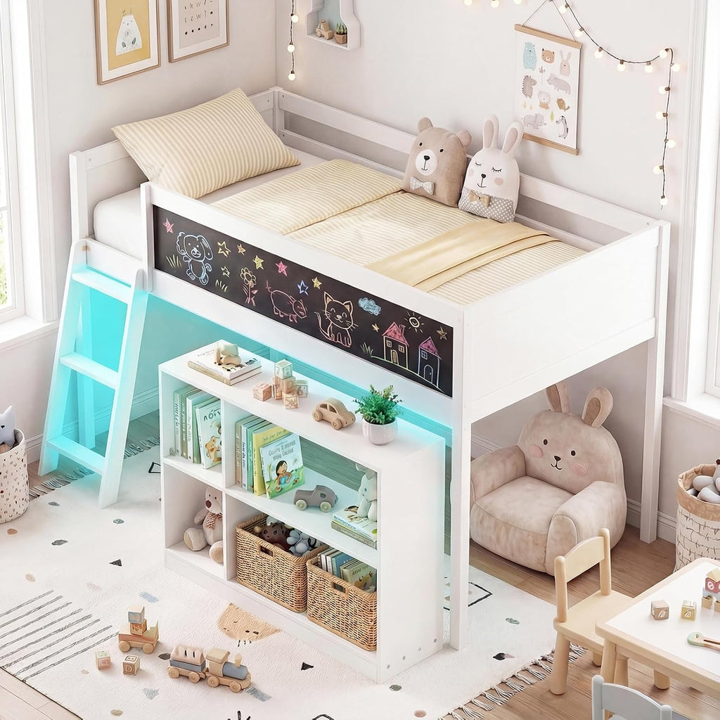 Giantex Low Loft Bed with LED Lights, Twin Size Bed Frames for Kids w/Chalkboard, Removable Bookcase & Under-Bed Storage Space, Wood Loft Beds with Stairs, Safety Guardrail for Girls Boys (White)