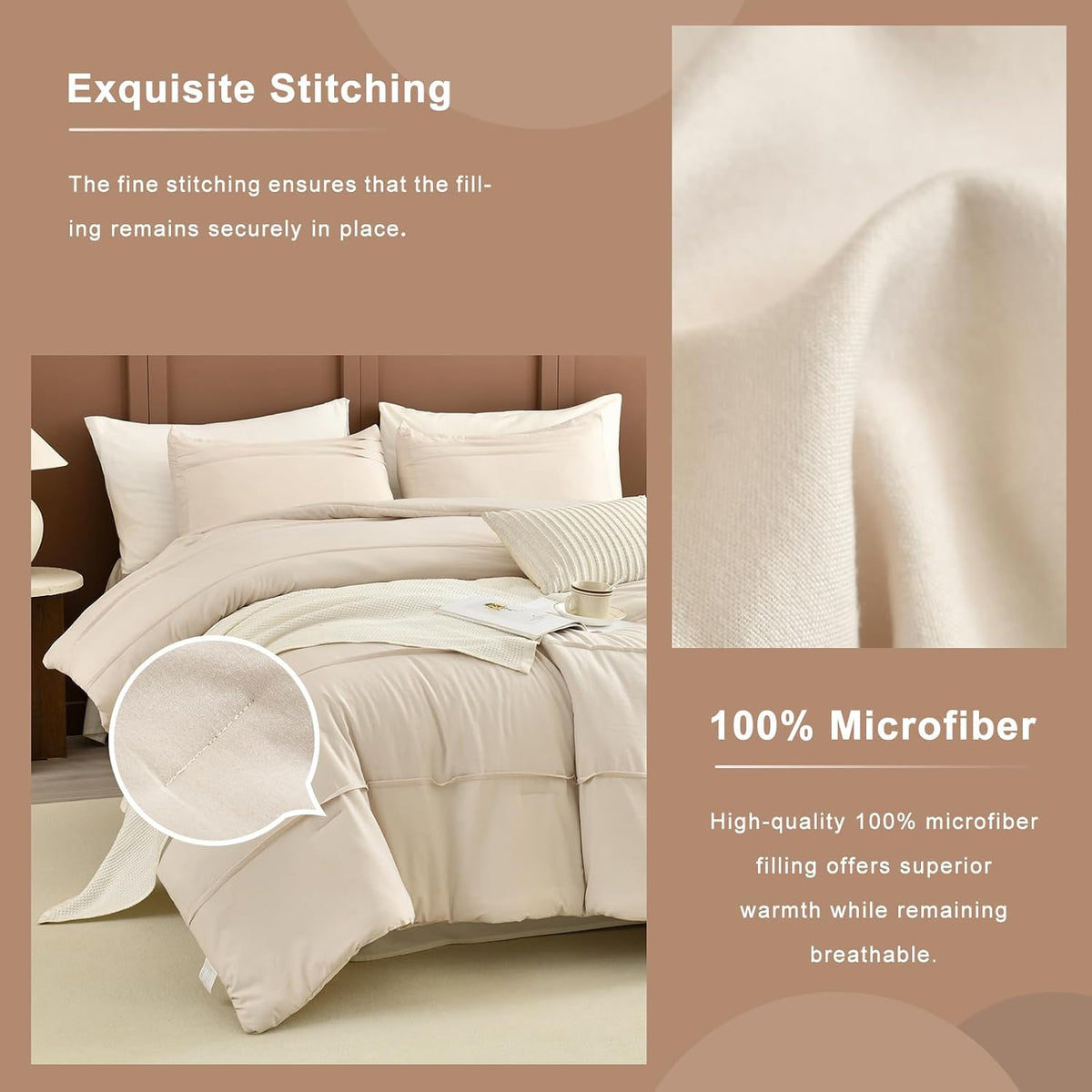 Masaca Oversized Comforter King Size(120'x120'),Soft Pinch Pleated Bedding Comforter Set,3 Pieces Wheat Colored California King Microfiber Boho Bedding Set for All Season