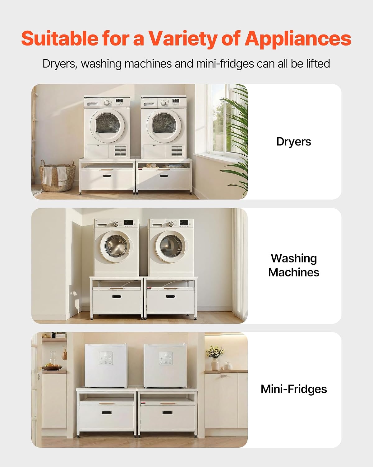 VEVOR Laundry Pedestal, 22.6 in Height, 29 x 29 in Washer and Dryer Pedestals with Pull-out Tray and Storage Space, 800 lbs Load Capacity, Non-Slip Feet Washing Machine Stand Universal, White, 2 Pack
