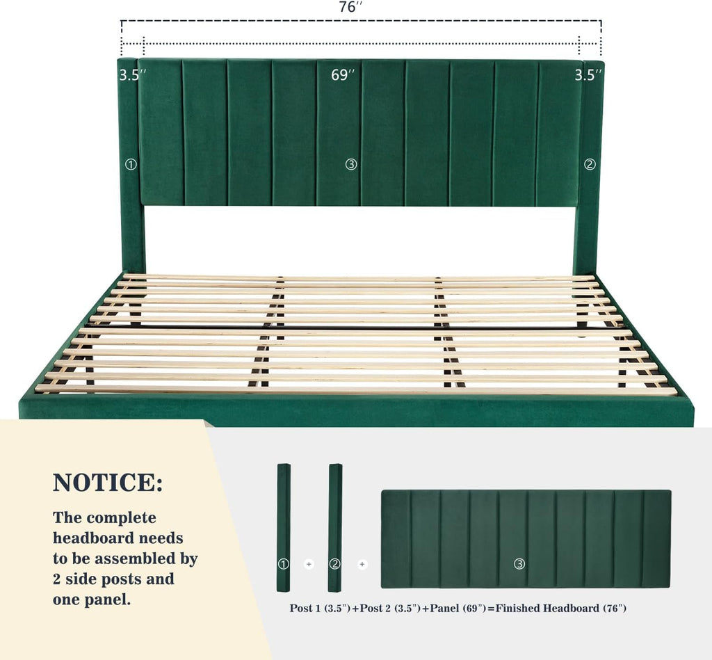 Allewie King Bed Frame/Velvet Upholstered Bed Frame with Vertical Channel Tufted Headboard/Strong Wooden Slats/Platform Bed Frame/Mattress Foundation/Box Spring Optional/Easy Assembly/Green