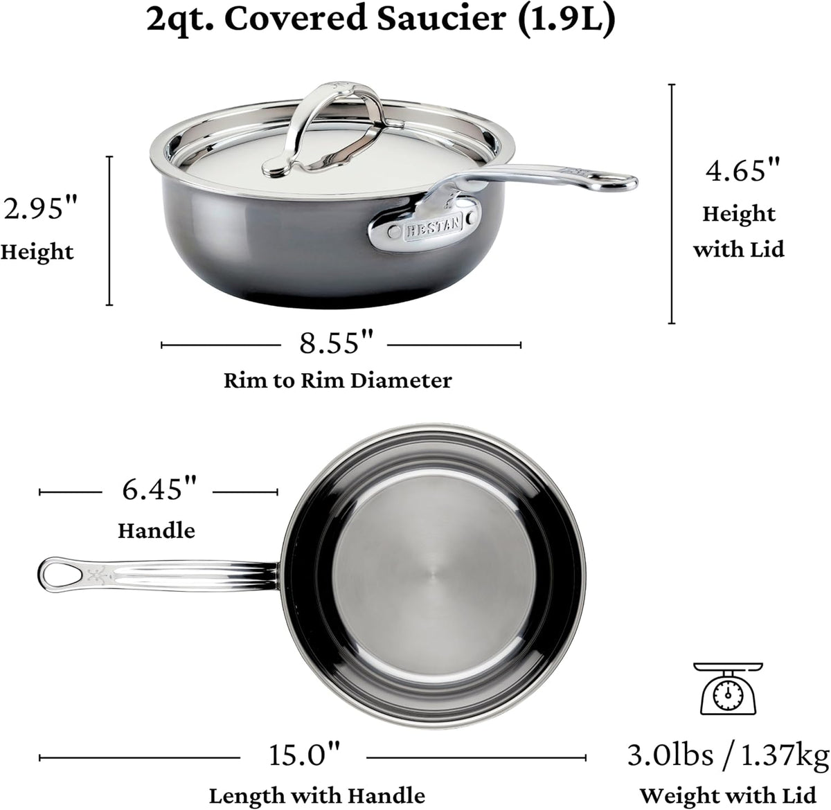 Hestan - NanoBond Collection - Titanium Stainless Steel Saucier Pan with Lid, Induction Cooktop Compatible, 2-Quart