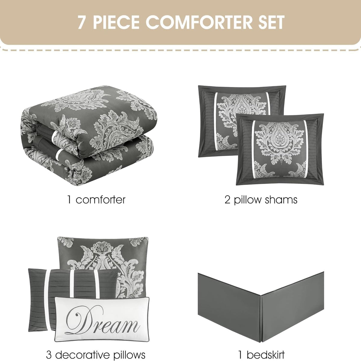 Grand Avenue Grey 7PC Comforter Set King Size, Jacquard with Matching Solid Piecework Bedding Set, All Season, Bedskirt, Pillows & Shams