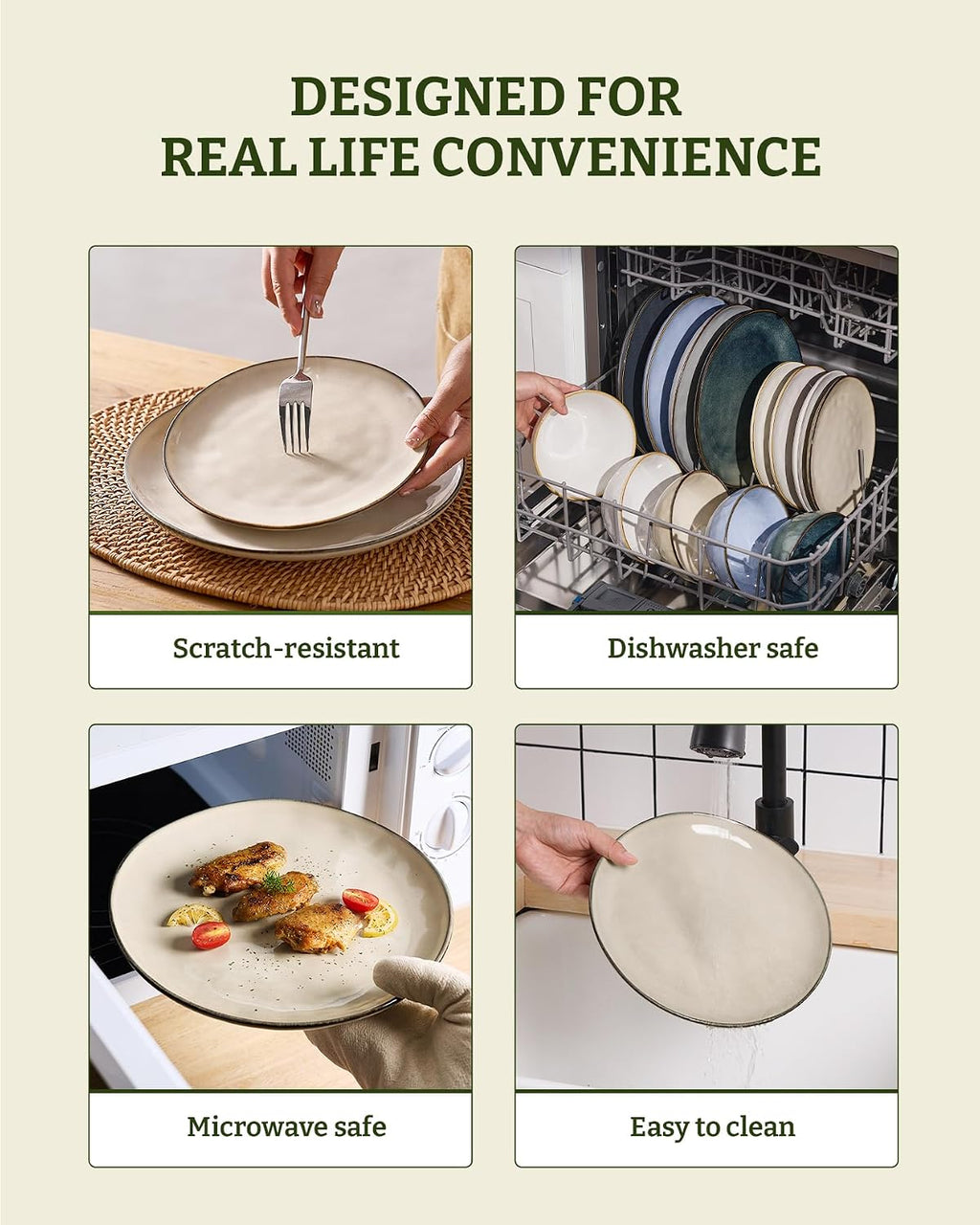 Famiware Dinnerware Sets for 8, Ocean Round 24-Piece Kitchen Plates and Bowls Sets, Microwave and Dishwasher Safe, Scratch Resistant, Light khaki