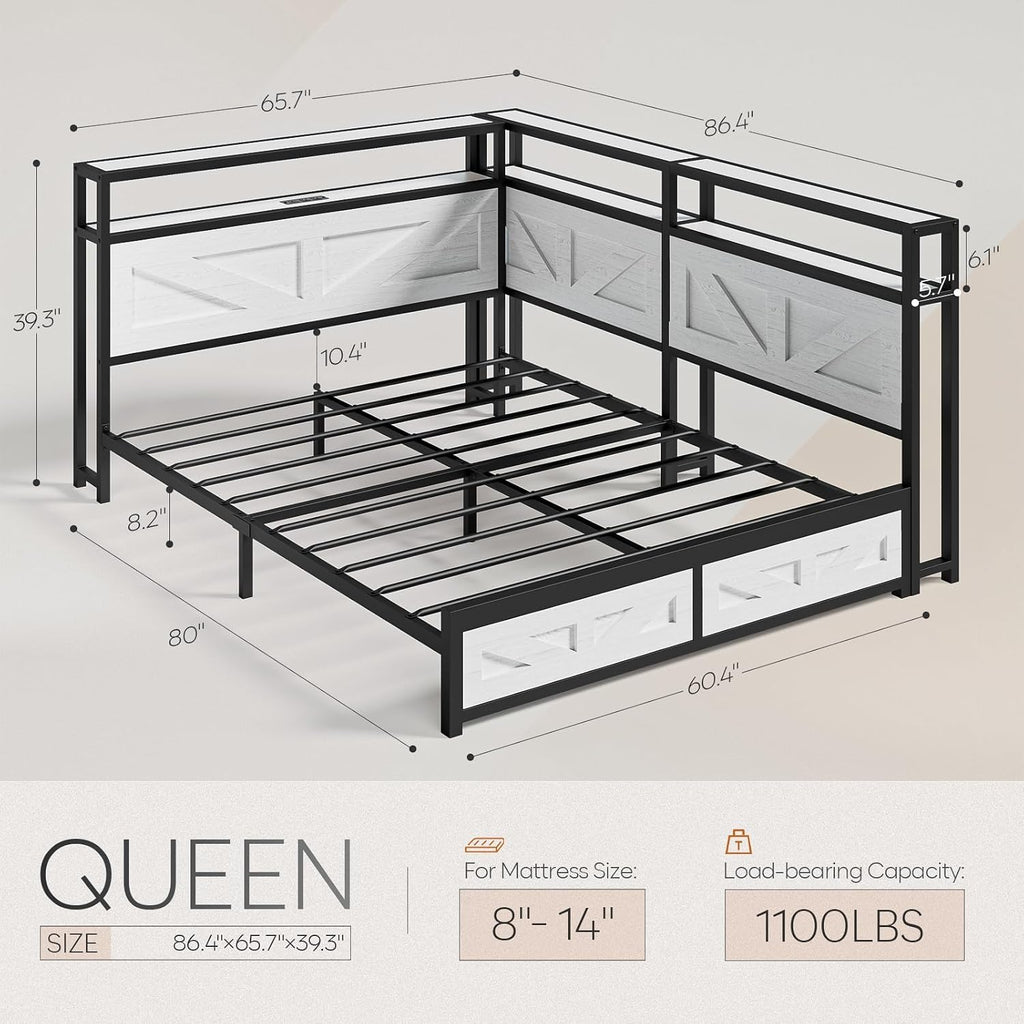 CIKUNASI Corner Queen Size Bed Frame with Headboard and Storage Farmhouse Daybed Frame with LED Lights and Charging Station Metal Platform Bed Frame Queen Size for Kids Corner Bed
