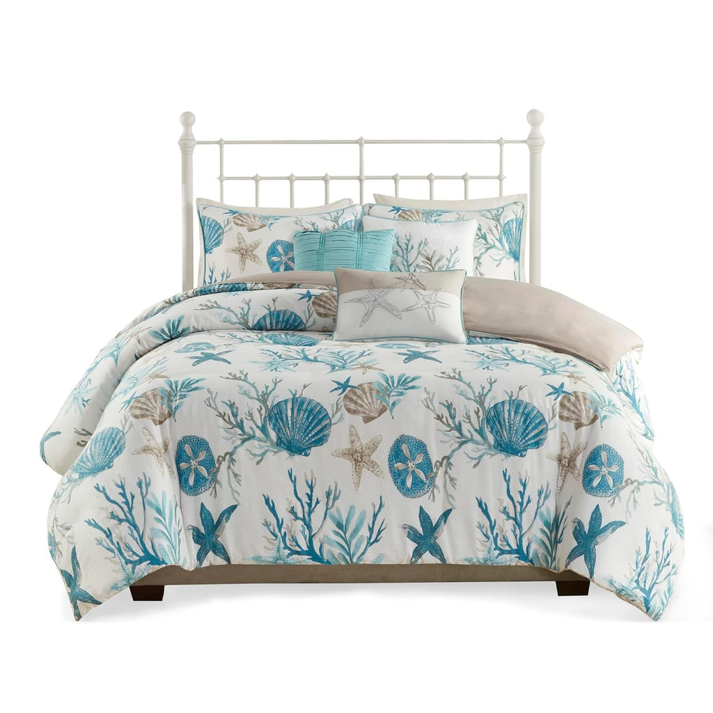 Madison Park Pebble Beach Cotton Duvet Set - Coastal, Starfish, Sealife Design, All Season, Breathable Comforter Cover Bedding, Matching Shams, Decorative Pillows, Aqua Full/Queen(90'x90') 6 Piece