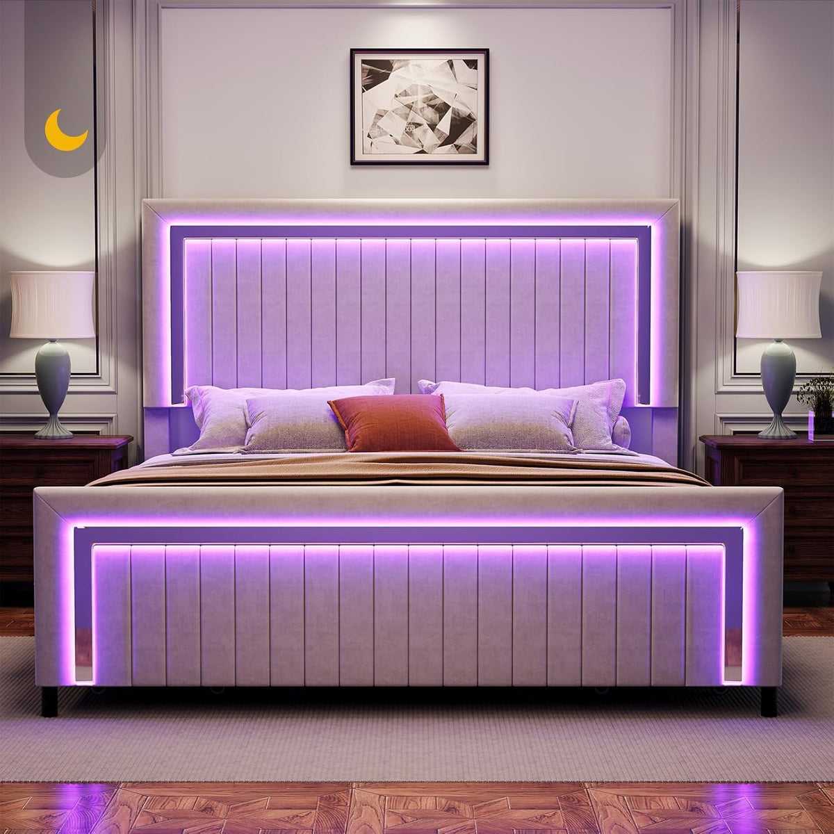 Jocisland King Size Upholstered LED Bed Frame with 4 Storage Drawers, Velvet Platform Bedframe with Channel Tufted Adjustable Headboard, Gray