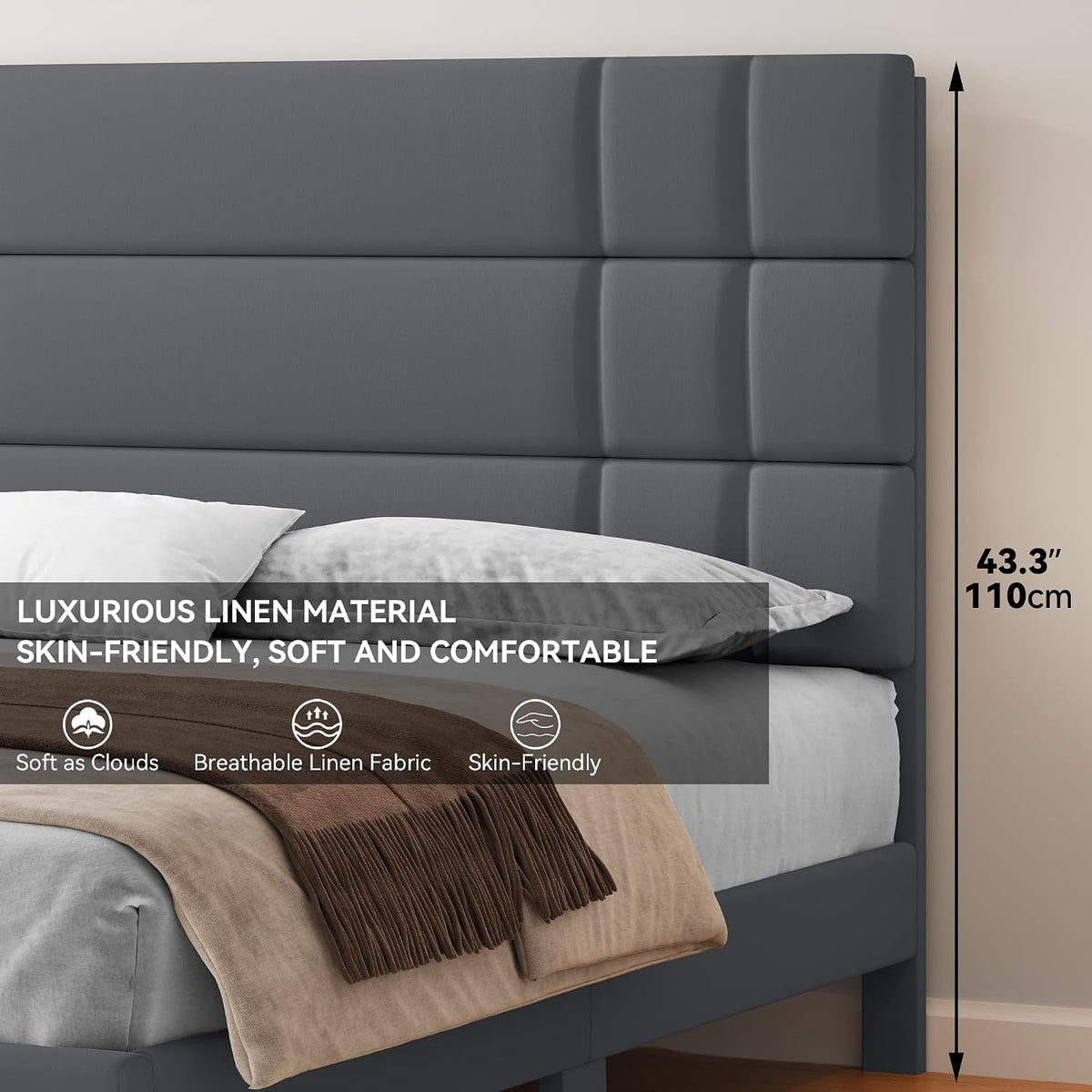 DWVO Queen Size Bed Frame with Headboard, Upholstered Platform Bed Mattress Foundation with Wooden Slat Support, Noise Free/No Box Spring Needed/Easy Assembly,Gray