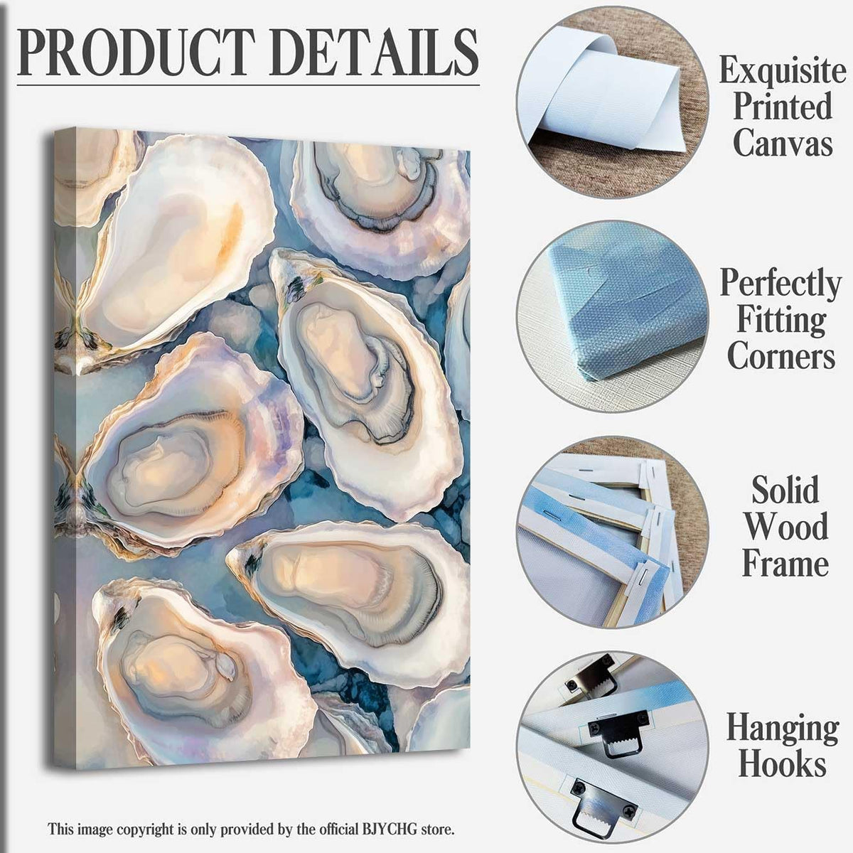 BJYCHG Oyster Wall Art Kitchen Pictures Oyster Shell Watercolor Canvas Prints Coastal Beach Aesthetic Poster Paintings Blue and Grey Bathroom Dining Room Decor Framed (42L x 28W)
