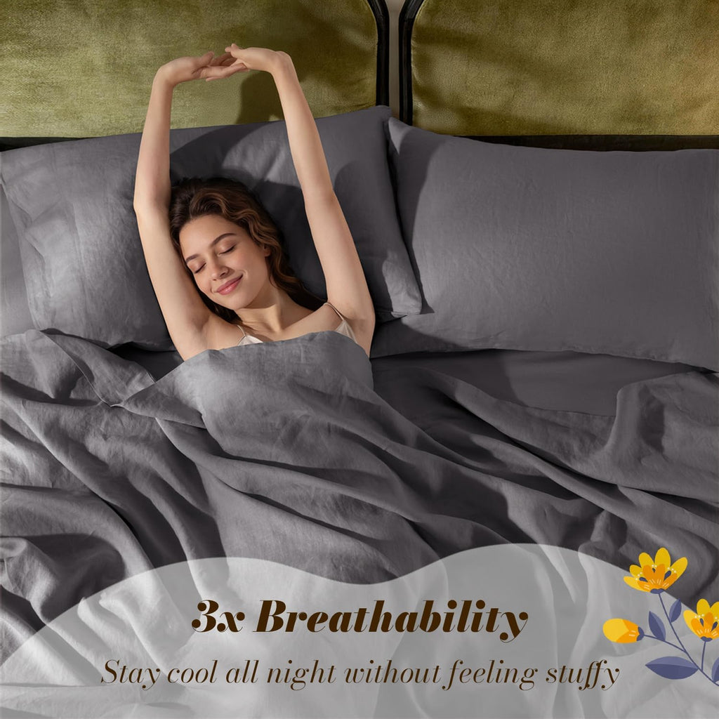 SONORO KATE 100% French Pure Linen Sheets, Breathable and Durable Linen King Size Sheets, Anti-Tear Linen Bed Sheets, Machine Washable, 16 Inch Deep Pocket - 4 Piece (Dark Grey, King)